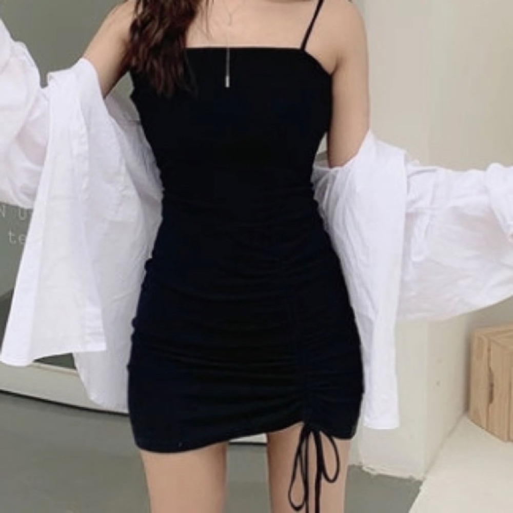 black bodycon drawstring mini dress